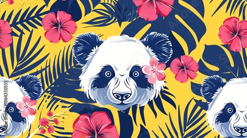 Cheerful design showcasing playful pandas amidst colorful tropical leaves and flowers