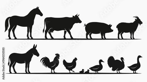 Farm Animal Silhouettes: A collection of various farm animals depicted in stark black silhouettes, perfect for illustrating the diverse life found on a farm or in the countryside.