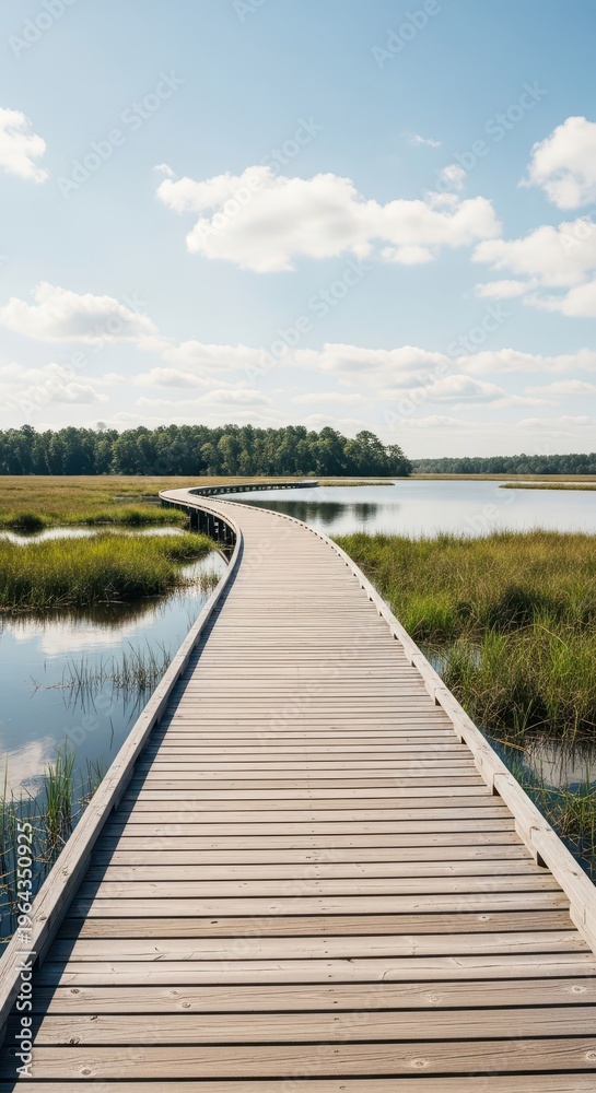 Obraz premium Wooden boardwalk curves gently through a sunlit marsh landscape beside calm water.