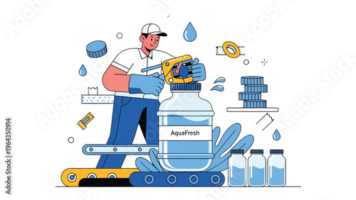 Water Bottling Process: An illustration portrays the meticulous process of bottling water, from the hands of a worker managing machinery to the final product on the conveyor belt.