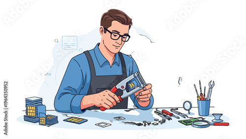 Precision and Expertise: An expert technician meticulously examines intricate machinery at a well-lit workbench, emphasizing skilled craftsmanship and problem-solving focus.