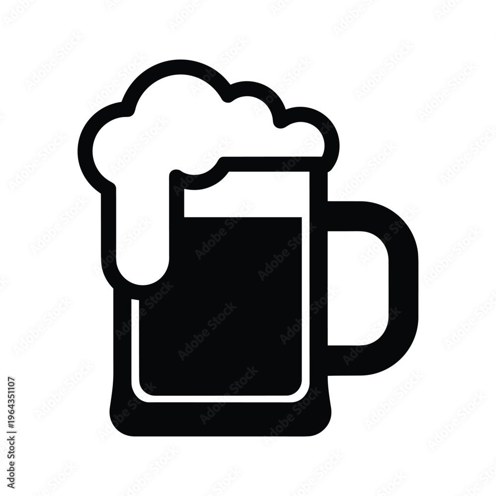 Obraz premium Black and white icon of a beer mug with frothy head.
