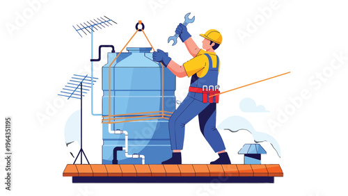 Rooftop Technician: A skilled technician, equipped with tools, diligently works on a rooftop water tank, ensuring the essential water supply system is maintained with precision.
