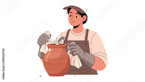 Pottery Craftsmanship: A focused artisan, adorned in an apron and gloves, delicately crafts a pottery jug. Illustrating the skill and dedication behind each handmade item.
