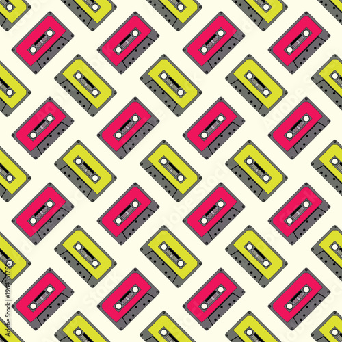 Vibrant Retro Cassette Tape Seamless Pattern. Colorful 80s 90s Mixtape Seamless Pattern