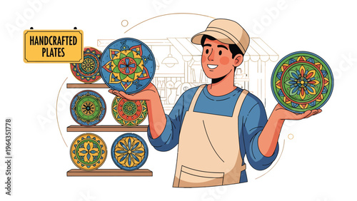 Handcrafted Plates Displayed: A craftsman proudly presents his handcrafted plates, showcasing the beauty and artistry of his work.