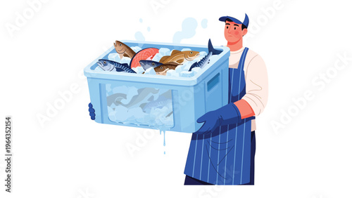 Fresh Catch on Display: A seafood merchant, clad in his work attire, confidently carries a cooler brimming with an array of the freshest fish, showcasing the bounty of the ocean.