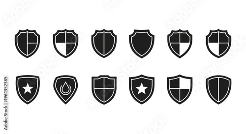 Collection of shield icons representing security, protection, and defense in various emblematic designs