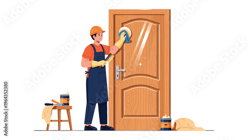 Wood door maintenance: a skilled handyman is diligently refinishing a wooden door, adding a touch of elegance and care to the home. The scene is bright and modern.