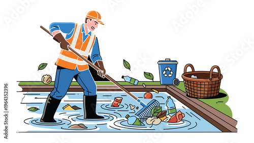 Cleaning Up the Community: A dedicated sanitation worker tackles the task of cleaning up an area polluted with trash, demonstrating commitment to environmental protection and cleanliness.