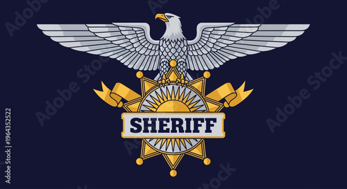 Heraldic emblem featuring an eagle, a sunburst, and the word SHERIFF against a dark blue background, representing law enforcement authority