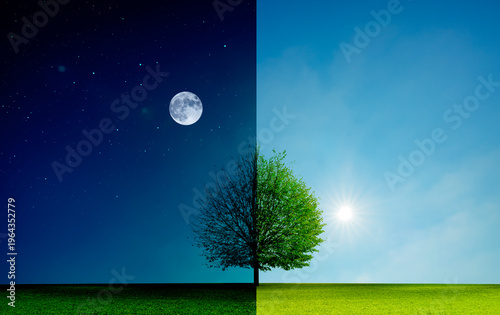 Darstellung von Tag und Nacht mit Mond und Sonne und einem Baum