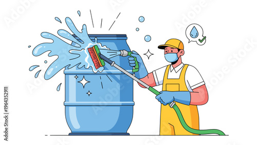 Cleaning Barrel: A worker meticulously cleans a large barrel, wielding a hose to spray water. Illustration of a worker carefully washing a large barrel.