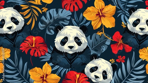 Vibrant design of playful pandas surrounded by colorful tropical leaves and cheerful flowers