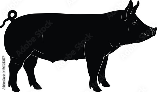 Black pig silhouette illustration of farm animal sow with curled tail, livestock profile vector for agriculture design