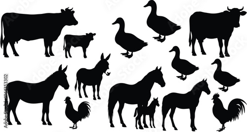 Black farm animal silhouettes including cows, horses, donkeys, ducks, and roosters isolated on white background for rural design