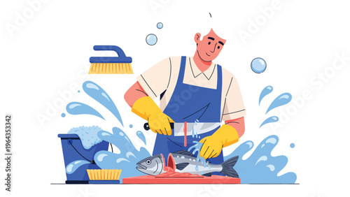 The Fishmonger's Art: A skilled fishmonger expertly cuts fresh fish on a cutting board, surrounded by splashes of water and cleaning tools.