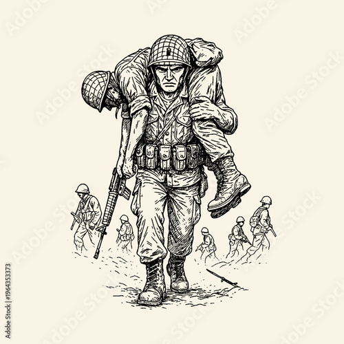Soldier Carrying Wounded Comrade on Battlefield Illustration