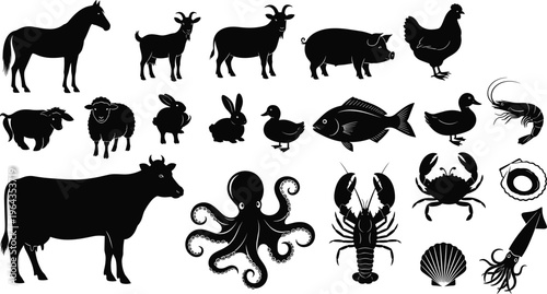 Black silhouette vector collection of farm animals and sea creatures including horse, cow, pig, chicken, fish, crab