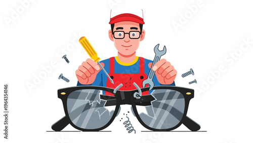 Optical Repair: A skilled technician, equipped with tools, carefully repairs a pair of shattered spectacles, symbolizing precision and restoration.