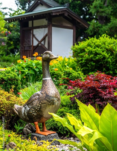 Duck Statue in a Japanese Garden with Lush Greenery.