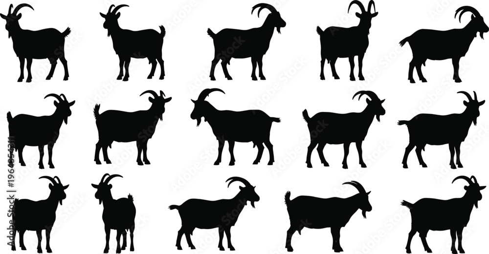 Obraz premium Collection of 15 unique goat silhouettes in various poses, horn shapes, and orientations for animal vector illustration