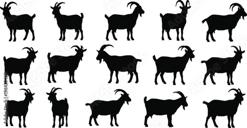 Collection of 15 unique goat silhouettes in various poses, horn shapes, and orientations for animal vector illustration