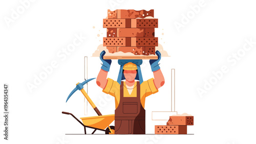 Building Blocks of Labor: A construction worker balances a precarious tower of bricks, embodying the spirit of labor, precision, and the art of building. Capturing a moment of focus and craftsmanship.