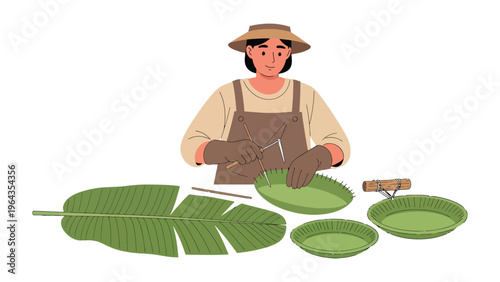 Artisan Crafting Eco-Friendly Plates: A skilled artisan meticulously crafts eco-friendly plates from a verdant banana leaf, embodying sustainability and artistry.