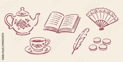 Vintage tea time doodle icon set hand drawn vector illustration