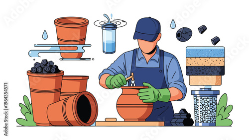 Water Filtration: A detailed illustration demonstrating the water filtration, featuring various components and stages, with a worker tending to the process.