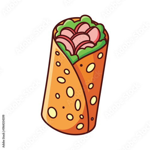 Cartoon Doner Kebab with Meat, Lettuce and Sauce on White Background