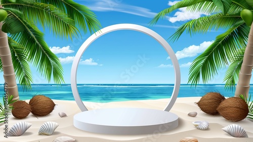 Elegant white podium on sandy beach surrounded by coconuts and shells with ocean and palm leaves