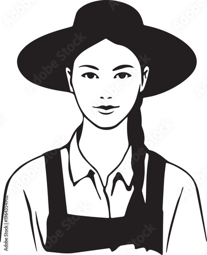 Hand Drawn Beautiful Female Farmer Black and White Illustration in Minimal Solid Art Style Design
