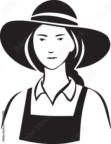Hand Drawn Beautiful Female Farmer Black and White Illustration in Minimal Solid Art Style Design