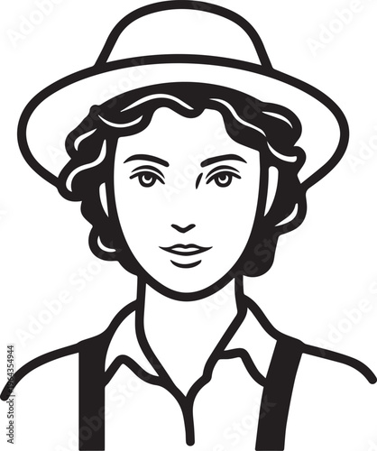 Hand Drawn Beautiful Female Farmer Black and White Illustration in Minimal Solid Art Style Design
