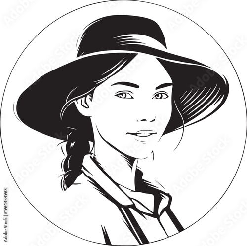 Hand Drawn Beautiful Female Farmer Black and White Illustration in Minimal Solid Art Style Design