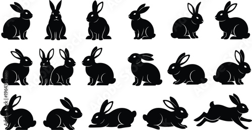 Collection of rabbit silhouette illustrations in various poses, leaping, sitting, crouching, lying down, animal vector art