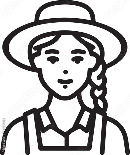 Hand Drawn Beautiful Female Farmer Black and White Illustration in Minimal Solid Art Style Design