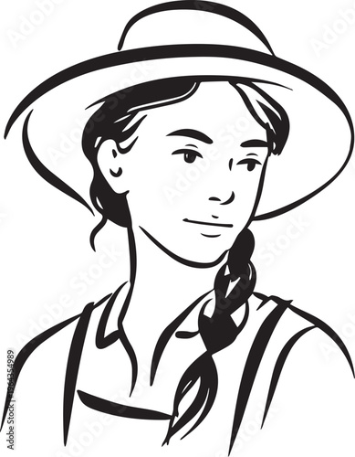 Hand Drawn Beautiful Female Farmer Black and White Illustration in Minimal Solid Art Style Design