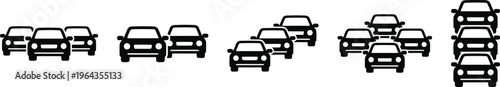 Black car line icons showing various traffic formations and vehicle groupings in a row