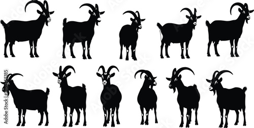 Collection of twelve goat silhouette illustrations with unique horn shapes and postures for design and education