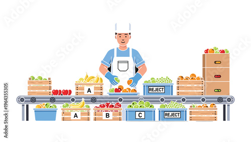 Fruit Sorting Production Line: A worker meticulously sorts a variety of fresh produce on a modern conveyor belt system, highlighting the efficiency of a streamlined food processing operation. 