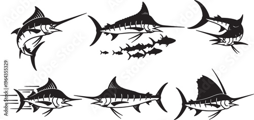 Set of Six Swordfish and Marlin Action Black Silhouettes