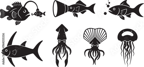Set of Six Bioluminescent Deep-Sea Creature Silhouettes