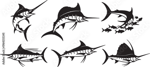 Set of Six Swordfish and Marlin Action Black Silhouettes
