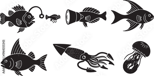 Set of Six Bioluminescent Deep-Sea Creature Silhouettes