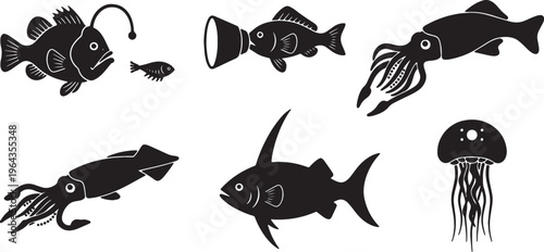 Set of Six Bioluminescent Deep-Sea Creature Silhouettes