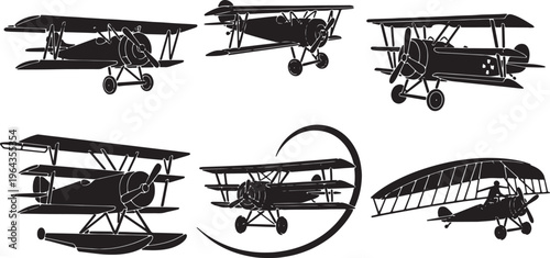 Biplane and Triplane Aircraft Black Solid Silhouettes