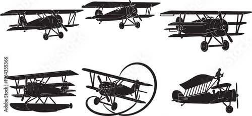 Biplane and Triplane Aircraft Black Solid Silhouettes